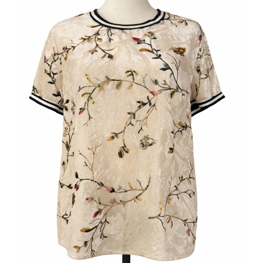 Womens Floral Blouse Short Sleeve Beige Boho Casual Top Lightweight Chic M - Picture 2 of 12
